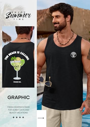 Image of VOGSTART Mens Graphic Muscle Tank Top Beach Slub Cotton Sleeveless Shirts