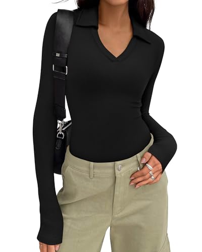 KIRUNDO Polo Shirts for Women Long Sleeve Business Casual Tops 2026 Spring Fall Ribbed Knit Collared V Neck Slim Work Blouses(Black, Large) — view 2