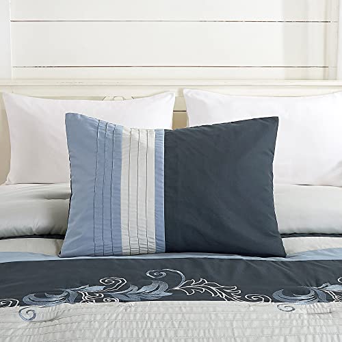 Chezmoi Collection Napa 7-Piece Luxury Autumn Leaves Scroll Embroidery Bedding Comforter Set (California King, Navy/Blue/Gray)