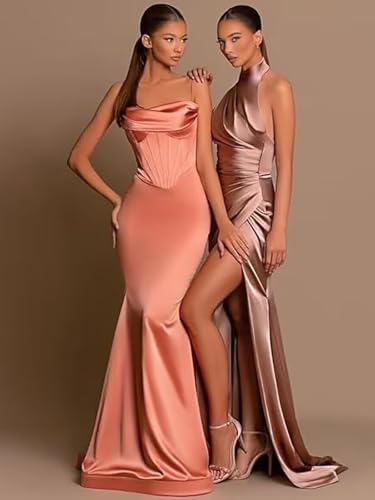 Mermaid Halter Bridesmaid Dresses Long Satin Prom Dress for Women with Slit Evening Formal Gown4