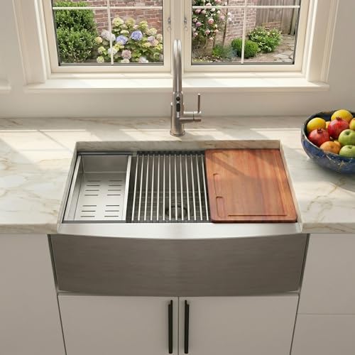 COMLLEN Farm Sink 33 Inch, 33x22 Inch Apron Front Farmhouse Kitchen Sink, 16 Gauge Stainless Steel Undermount Ledge Workstation Deep Single Bowl Luxury Rustic Farm Sinks with All Accessories by Comllen - Used condition - Image 3