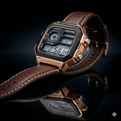 Image of Matrix Illuminator Leather Strap Digital Watch with Alarm, Stopwatch, World Time | for Men & Women