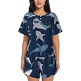 GUOLGP Damen-Pyjama-Set mit Cartoon-Hai-Druck, weich, kurzärmelig, Nachtwäsche, bequem, Loungewear, lässige Nachtwäsche, Schwarz , XXL