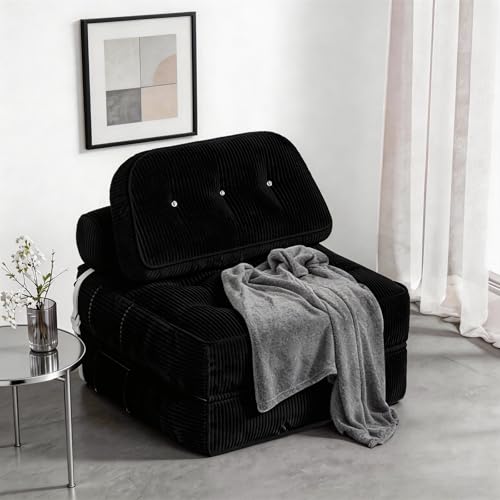 NESLAKO Folding Sofa Bed Flannel Futon Couch Bed with Pillow and Blanket Convertible Sleeper Chair for Small Space Apartment Guest Room Black