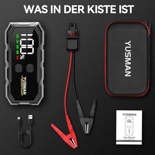 YUSMAN Starthilfe Powerbank 5000A, 12V Starthilfe Powerbank für pkw(8L Benzin oder 6L Diesel), powerbank starthilfe Auto mit LCD Display und Unterstützt 4 LED-Lichtmodi