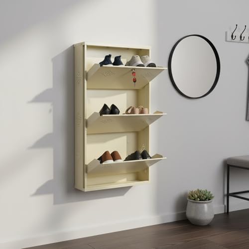 Image of 3 Door Wall Mounted Metal Shoe Rack Cabinet, Ivory, 39x21x6 Inch