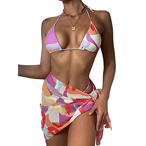 Yyyuluo Mujer Ropa de Baño Bikinis Conjuntos - Traje de Baño de 3 Piezas Gasa Ropa de Playa Estampado Bikini Tanga Cuello en V Juego de Bikini Falda de Pareo Bañador Abrigo Bufanda Natación M Cover