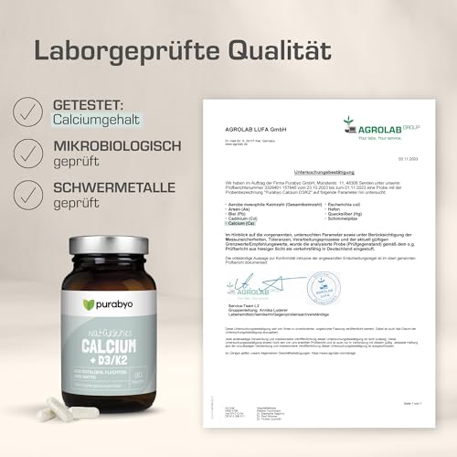 Calcium mit Vitamin D3/K2 | im Glas | Hochdosiert 640 mg | Aquamin natural Calcium aus Rotalgen | natürliches Kalzium | Calcium hochdosiert | vegan, laborgeprüft und in Deutschland hergestellt