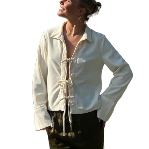 Y2k Bow Long Sleeve Blouse Solid Lapel Neck Shirt Cottagecore