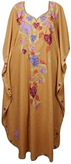 Mogul Interior Women Caftan Maxi Dress Cotton Gold Embroidered Kimono Evening Kaftan One Size