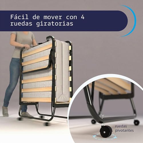 Miniatura 9 de Cortassa - Cama Plegable Xl Comfort - Colchón De Poliuretano De 10 Cm De Alto - Somier Individual De Listones De Madera De 90 X 200 Cm - Cama Ahorra Espacio Con Ruedas
