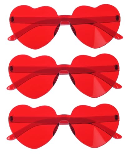 3 Pairs Heart Shape Sunglasses,Trendy Heart Shaped Rimless Transparent Sunglasses