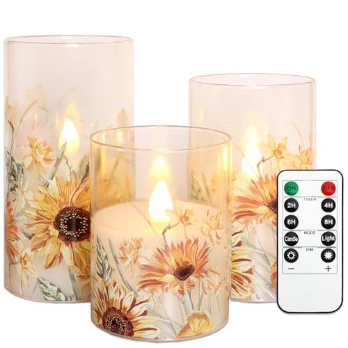Image of MELTONE Fall Sunflower Flameless Candles with Remote Timer Real Wax Flickering Battery Operated Glass Candles - Home Party Bedroom Birthday Christmas Autumn Decorations