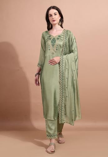 Pratham Blue Women's Silk Embroidered Straight Kurta Palazzos With Dupatta |Kurta Set For Women |Women Kurta |Women Embroidered Kurta Sets Kurtis (Bkp-1038-Xl_Green)