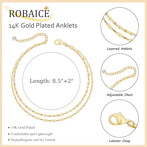 Image of Robaice Ankle Bracelets for Women, Glitter Waterproof Adjustable Anklet for Women, 14K Gold Plated /Sterling Silver Layered Anklets, Summer Beach Anklet Jewelry for Women Gift