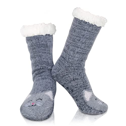 Sockfun Slipper Fuzzy Fluffy Socks With Grips For Women Girls, Winter Cabin Warm Comfy Sherpa Plush House Socks Gray Cat #TOP27