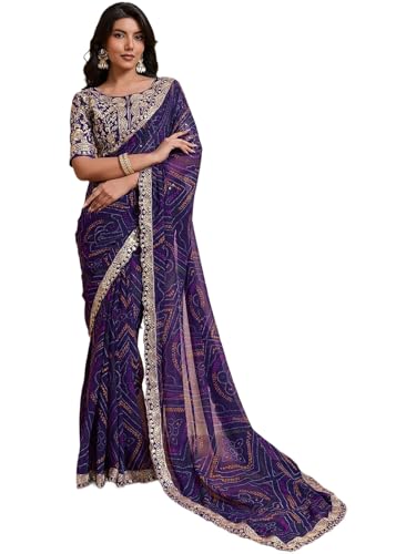 Image of SIRIL Women's Georgette Sequins Embroidery Printed Bandhani Saree with Unstitched Blouse Piece