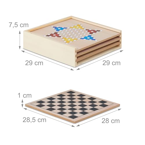 Relaxdays Spielesammlung, 7 Brettspiele aus Holz, Schach, Ludo, Backgammon, Gesellschaftsspiele, Spiele Klassiker, bunt