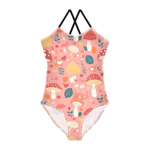 Seamless Design Safari Mushroom Kids Girls 1-Piece Swimsuit Beach Swimming Suits with Adjustable Straps Quick-Dry
