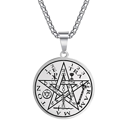 Tetragrammaton Pentacle Necklace for Men Pentagram Protection Amulet Wicca Jewelry, Five-pointed Star, Magical,The Ancient Power Name of God Stainless Steel 24 inches