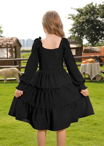 HOZIY Girls Long Sleeve Dress Ruched Smocked Tiered Ruffle A-Line Casual Boho Teen Dresses with Pocket Size 6-16 Years