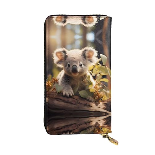 Pochette longue en cuir imprimé koala et plante, maroquinerie durable noire