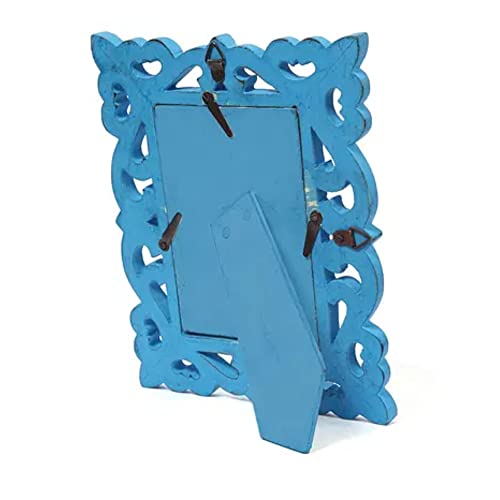 Image of Wooden Hand Carved Rectangular Photo Frame for Wall Mounted and Tabletops Display - 5x7 Inches Picture Frame - Wood Carving Decorative Home Decor Accessories Distressed Finish (Blue)