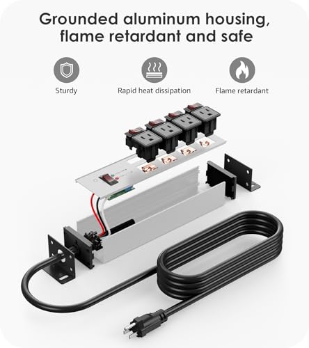 Image of CCCEI Heavy Duty Surge Protector, 20A Individual Switches, Grey, 4FT, 1 | 12 Gauge Grounded Extension Cord with Multiple Outlets, Wall Mount Power Strip for Garage, Plug Extender.