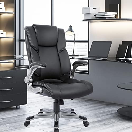 COLAMY High Back Executive Office Chair - Padded Leather Ergonomic Computer Desk Chair with Inflatable Lumbar Support & Flip-Up Arms, Adjustable Tilt Lock Swivel Task Chair for Home Office, Black - Thumbnail 2