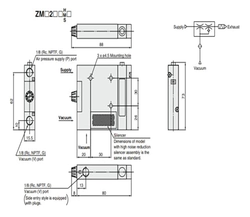 Éjecteur à vide ZM101-J5LZ-E15 avec interrupteur et électrovanne 24V