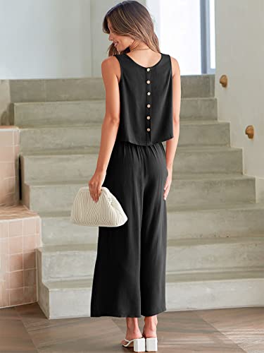 Image of ANRABESS Women's Summer 2 Piece Outfits Sleeveless Tank Crop Button Back Top Cropped Wide Leg Pants Set Pockets