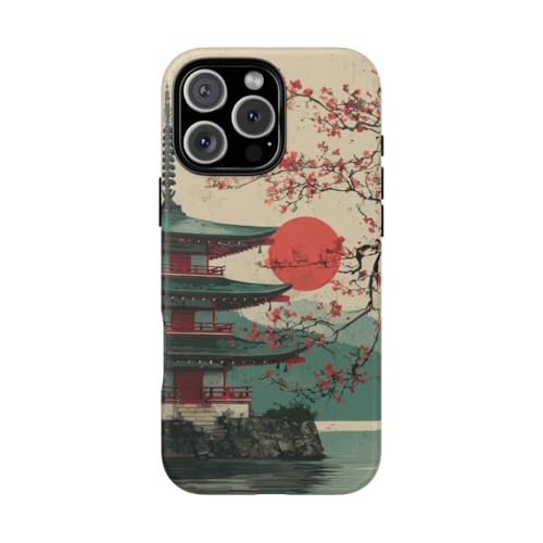 Coque rigide mate iPhone 16 Pro Max motif Pagode et fleurs de cerisier - Protection antichoc ultra fine