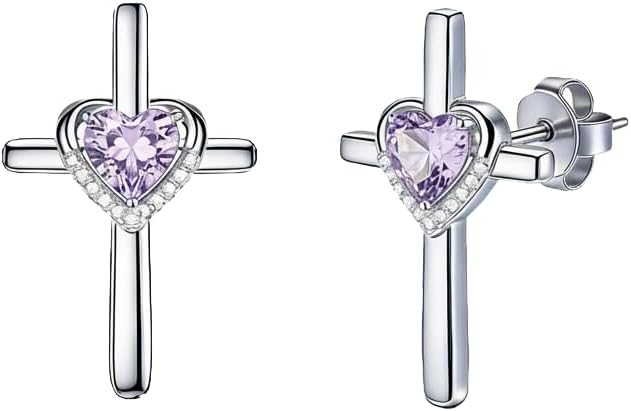 Prismata Cross Birthstone Earrings Studs 925 Sterling Silver Cross Studs Earrings with 12 Months Birthstone Earrings Christian Jewelry Gifts for Women Mom Her