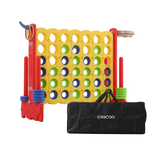 UNICOO - Giant 4 in a Row Game, Jumbo 4-to-Score Giant Game Set, Backyard Games for Kids, Indoor or Outdoor Game, Adult and Family Fun Game, 4 Ft Tall with Carry and Storage Bag – Red and Yellow