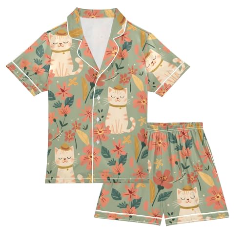 ALAZA Cartoon Cat Flower Animal Pajamas Satin Pajama Set Short Sleeve Button Down Sleepwear