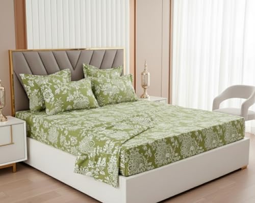 Image of 400TC Cotton Feel Glace Cotton Double Bed Fitted Bedsheet Set || Includes 1 Elastic Bedsheet King Size & 2 Pillow Covers (78 x 72 Inches, Aarchid Green)