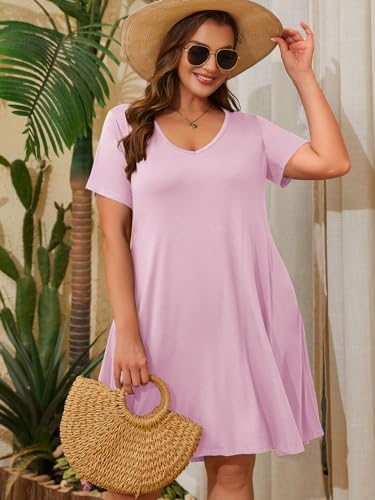 Image of ZENNILO Women's Plus Size Swing Dress with Pockets Casual Summer Dresses V Neck Short Sleeve T Shirt Dress for Women