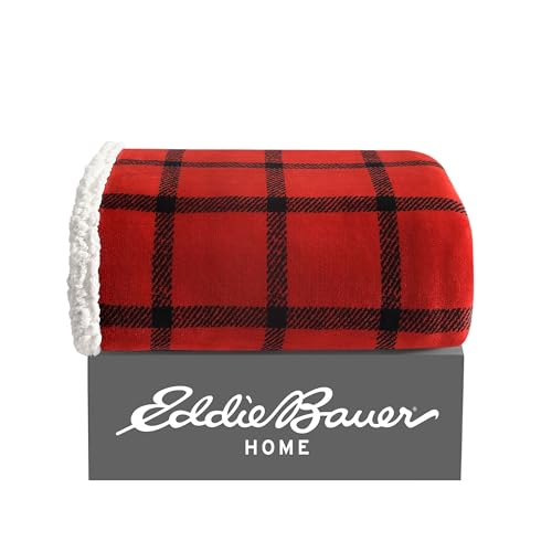 Image of Eddie Bauer - Throw Blanket, Brushed Fleece & Plush Sherpa Soft Bedding, Blanket for Couch & Bed (Bunkhouse Plaid Red, 50 inch x 60 inch)