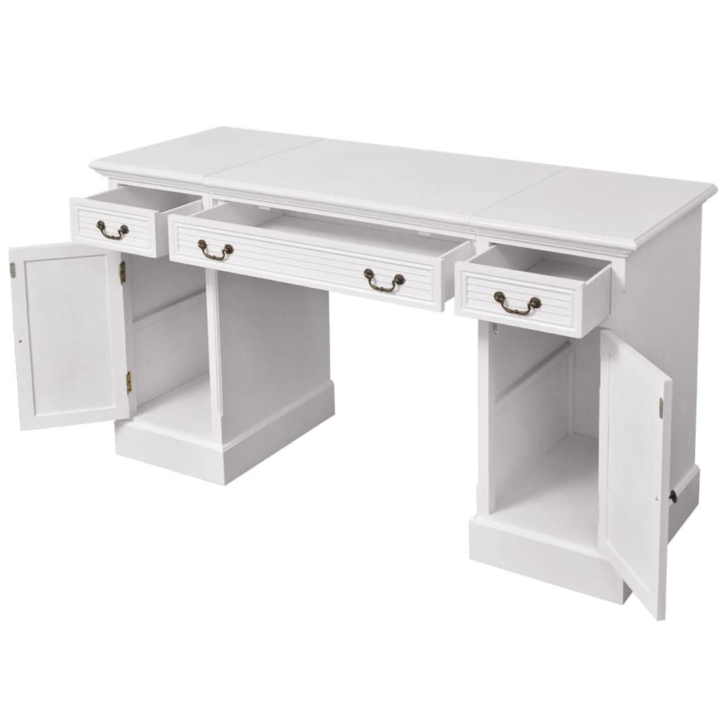 Biurko sekretarzyk biały z płyty MDF i drewna sosnowego, 140 x 48 x 80 cm, z 3 szufladami i 2 półkami, zajmuje mało miejsca, do biura, gabinetu, ergonomicznego i wszechstronnego