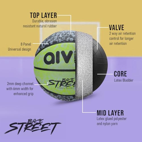 Image of AIVIN Back Street Basketball, Rubberized Moulded Basketball Game, for Match, Training, Outdoor Ball, Durable for Practice, Suitable for All Surface, 8 Panel, Material-Rubber (Green /Black) Size 7