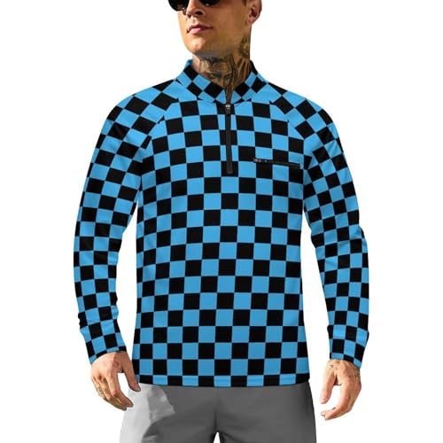 Black and Blue Checkered Men's Rash Guard Long Sleeves Quick Dry Fishing Workout Shirts with Zipper