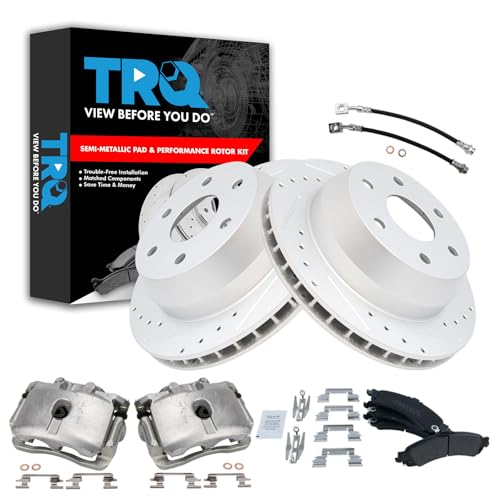 Image of TRQ Brake Pad & Rotor Kit Slotted X Drilled Performance Semi-Metallic Compatible with 2005-2006 Cadillac Escalade 2002 GMC Yukon
