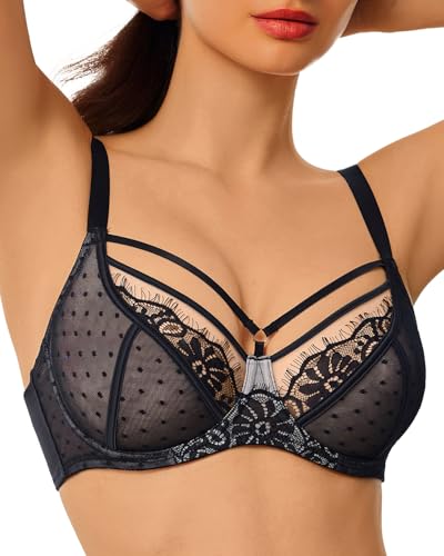 Image of Women's Sheer Lace Bra Unlined Underwire Push Up 34B-40DD | Eyelash trim, floral embroidery, polka-dot mesh, double-layer cups, natural shaping, adjustable straps, breathable feel
