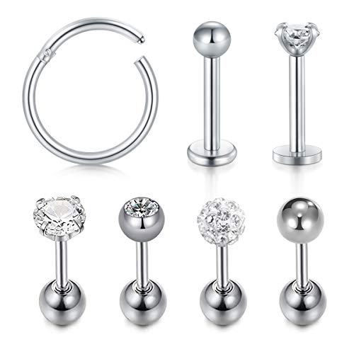 AVYRING 16G Helix Piercing Chirurgenstahl Tragus Cartilage Rook Piercing Stud Ohr Piercing Nase Lippe Ringe Piercing Septum 7 Stück - Silber Cover