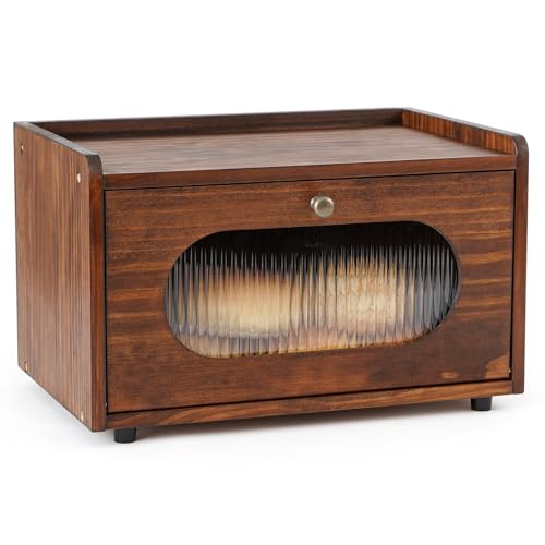 GUUSII HOME Bread Bin Wooden Bread Box for Kitchen Countertop Food Storage Container for Homemade Pantry Front Opening Cupboard 1 Tier Farmhouse Vintage Holder Keep Fresh with Acrylic Window(Brown)