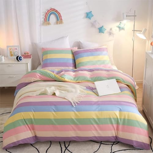 Freyamy Mädchen Bettwäsche 100x135cm Bunt Regenbogen Streifen...