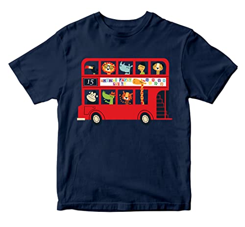 Image of Boys & Girls Cute Animals on The Red Double Decker London Bus Transport Theme 100% Cotton Unisex Kids T-Shirt