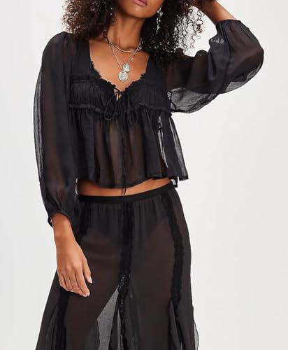 Image of Sexy Ruffle Shirt Flowy Lace Long Sleeve Front Tie Chiffon Top Boho Embroidered Peasant Blouse Summer Bow Tie Front Peplum Tops for Women
