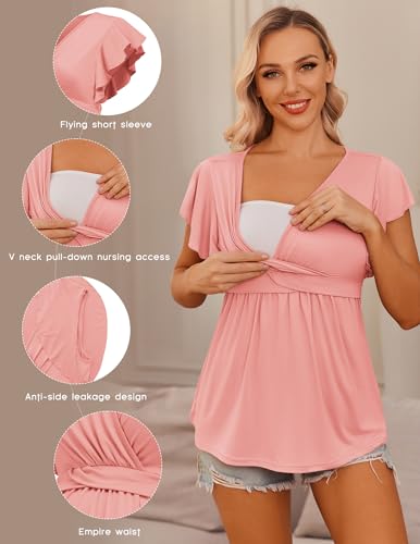Ekouaer Women's Maternity Shirts 3 Packs Flying Short Sleeve Nursing Tops V Neck Breastfeeding Tees Pregnancy Clothes - Image 3