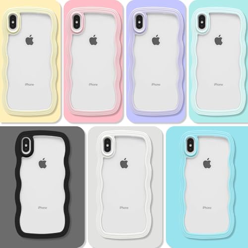 Image of GoldKart iPhone X /Xs Case Wavy Edge Clear Back Design, Anti-Slip Grip Cute Wave Curly Frame Shape Shockproof Soft TPU & Hard PC Bumper Protective Phone Case Cover for Women Girls - Light Blue